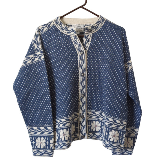 Alpaca Imports Sweaters - Alpaca Imports Womens Nordic Fair Isle Blue White Wool Peru Cardigan Sweater L